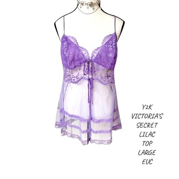 Victoria’s Secret vtg. lilac purple lace mesh sheer open front tank cami top L - Picture 1 of 8